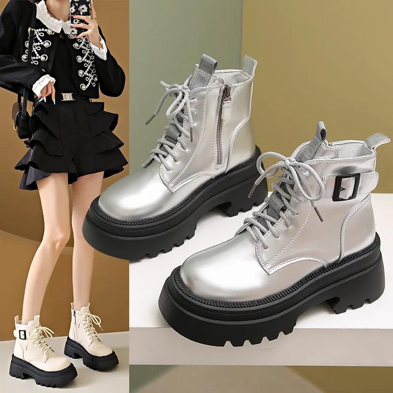 Women Boots British Autumn Winter New Platform Belt Buckle Zipper Lace Up Fashion Boots Comfortable Non Slip Outdoor Boots
