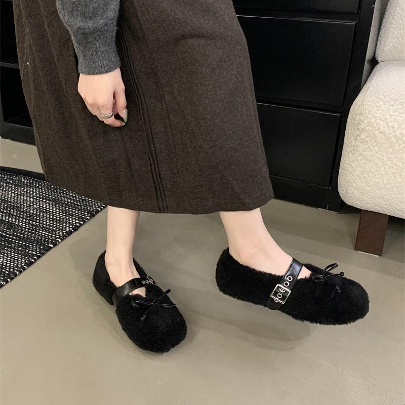 Bow-tie Fluffy Ballet Shoes Women's Winter New Round Head Wool Integrated Casual Warm Thick-soled Flat-soled Single Shoes
