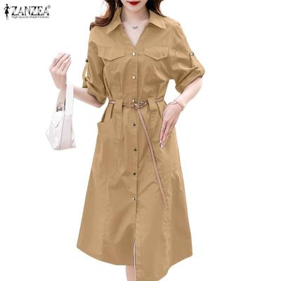 Damen Freizeit Umlegekragen Locker Halbarm Hemdkleid