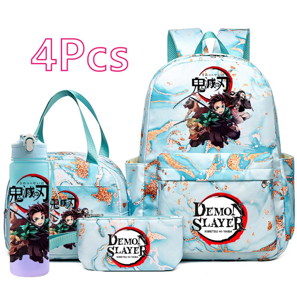 4-teiliges Set mit aufgedrucktem Demon Slayer-Cartoon-Rucksack, Handtasche, Federmäppchen und 750-ml-Trinkflasche für Teenager (Jungen und Mädchen) – große Kapazität, wasserdichter Schulrucksack