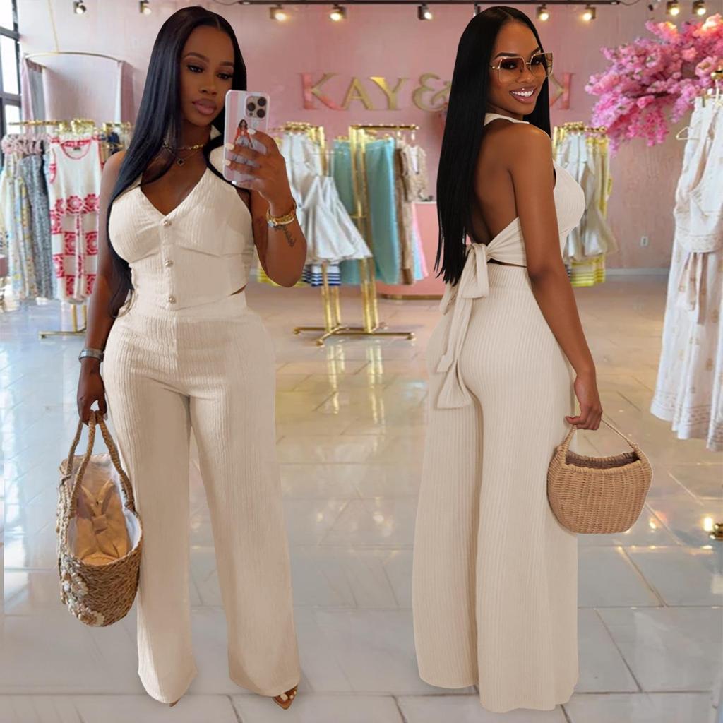 Women's Fashion Halter Strap Top & Long Pants Two-Piece Set: Casual European & American Style