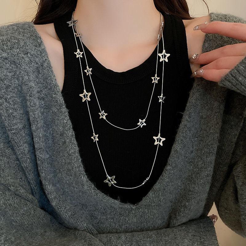 Sliver Color Hollowed-Out Five-Pointed Star Long Double-Layered Necklace For Women Temperament Personality Sweater Chain