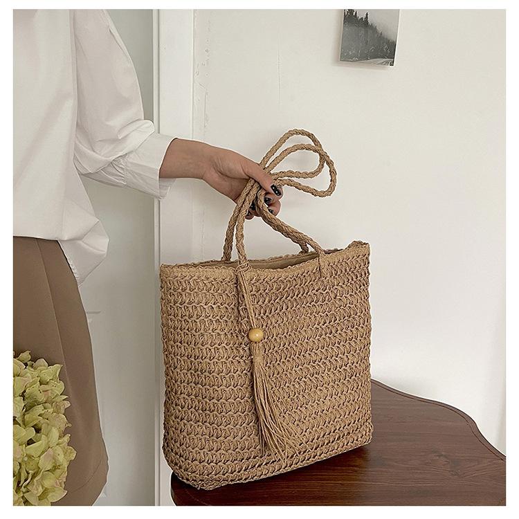 Summer Straw Woven Bag Zipper Shoulder Beach Bag Simple Mori Woven Tote Bag Large Capacity Women'S Bag