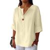 Women V Neck Button Up Three Quarter Sleeve Cotton Linen Blouse Loose Fit Casual Top for Everyday Wear