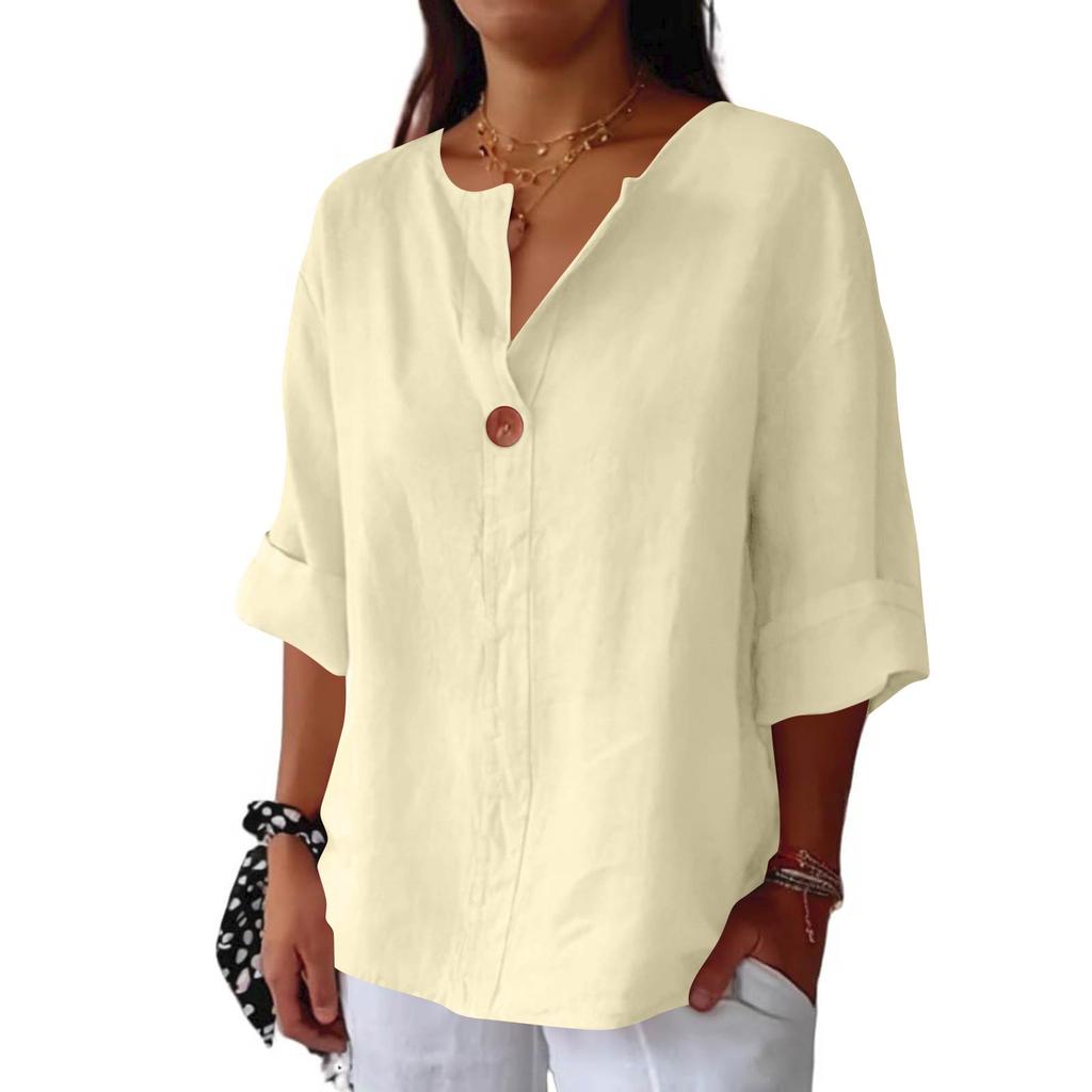 Women V Neck Button Up Three Quarter Sleeve Cotton Linen Blouse Loose Fit Casual Top for Everyday Wear