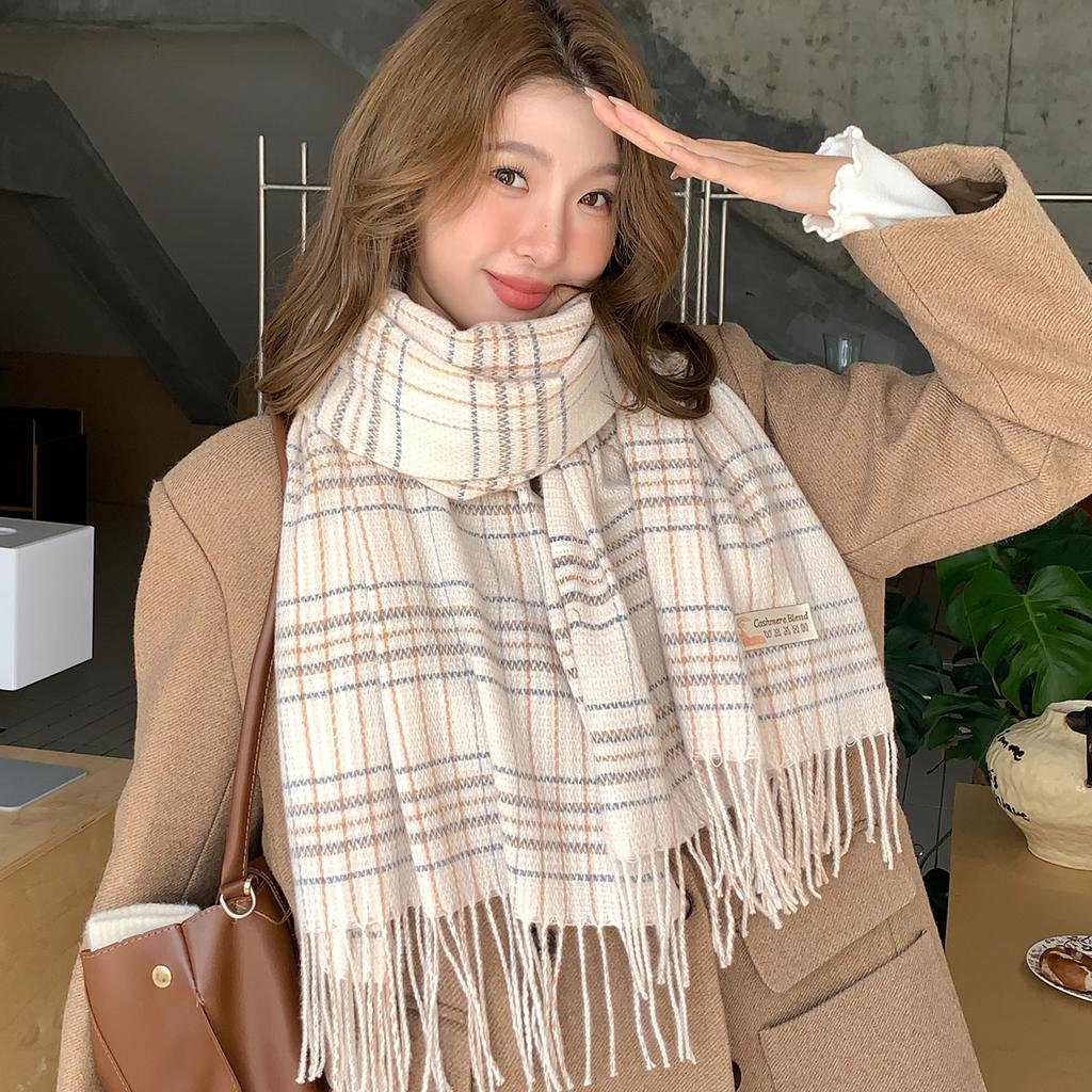 Pink Plaid Scarf for Girls' Autumn and Winter High-end Sense New Korean Version Versatile Thickened Warm Neck Scarf