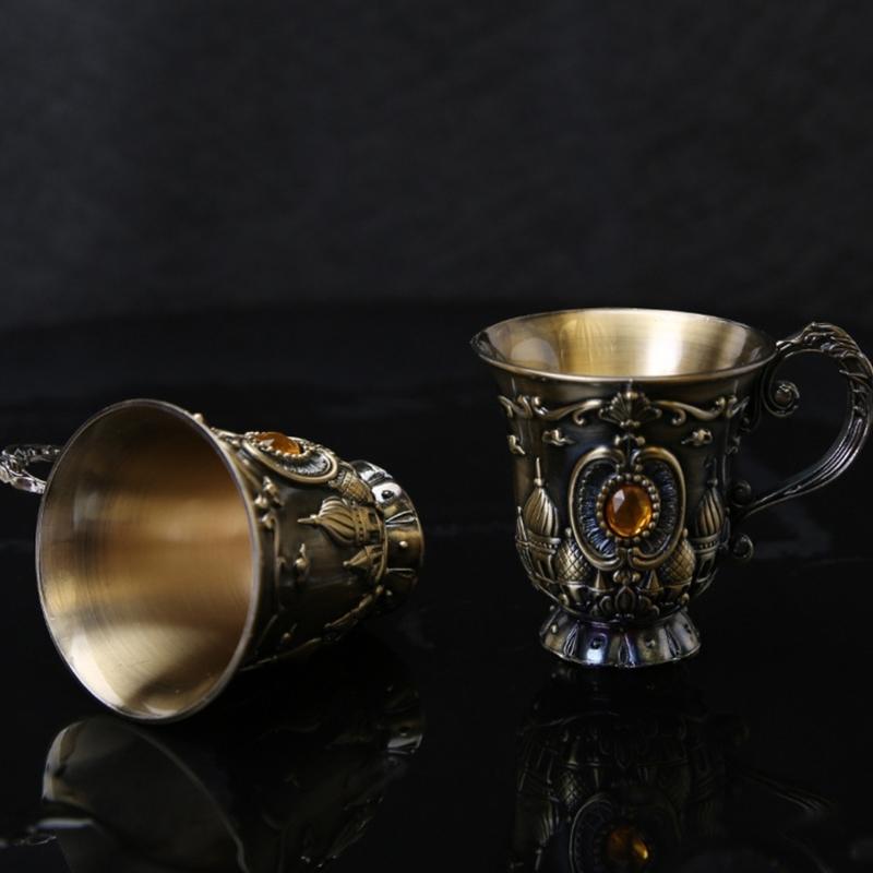 Classical Antique Metal Chalices Goblet with Handle Retro Engraving Small Shot Glass Wine Cup For Parties And Collectors