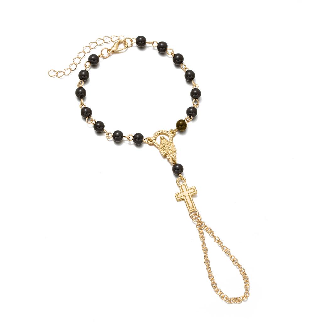 Women's Cross Finger Bracelet, Religious Style Beaded Back Hand Chain, Dark Style Niche Accessory