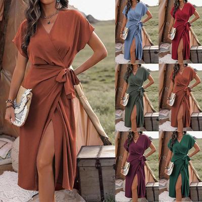 Women's Short Sleeve Maxi Dress V-Neck Solid Color Side Split Long Dress Formal Evening Party Maxi Gown