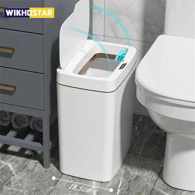Lixeira inteligente para banheiro, ensacamento automático, lata de lixo eletrônica, branca, sem toque, estreita, sensor inteligente, lixeira, casa inteligente, 15L