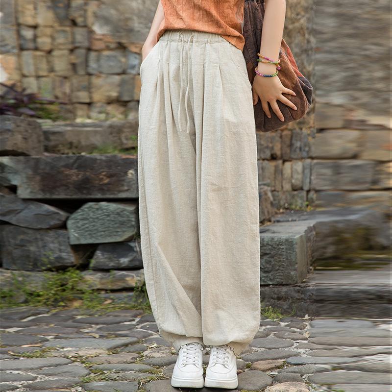 2025 Women's Summer Cotton Linen Ramie Sand-Washed Drawstring Lantern Pants - Distressed & Versatile