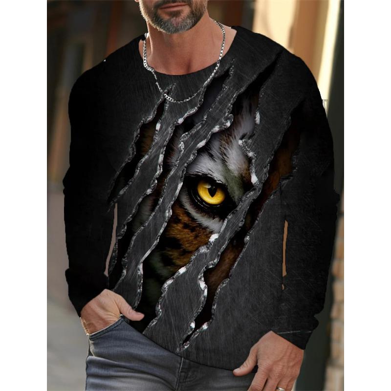 Tiger Muster 3D Druck Langarm T-Shirt Casual Mode Tier Design Streetwear Herren T-Shirts