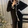 Lace Long Sleeve Black Cardigan Pajamas for Women – Sweet and Loose Spring/Autumn Homewear with Long Pants