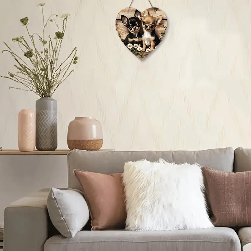 Drewniany Znak w Kształcie Serca z Uroczym Wzorem Chihuahua - Unikalna Okrągła Ozdoba na Drzwi Wejściowe, Dekoracja Ścienna - Idealna Domowa Dekoracja do Zawieszenia