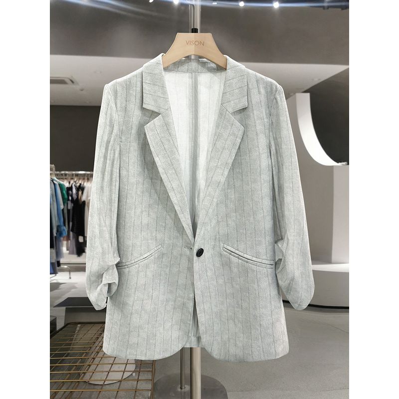 

Gray Stripes Texture Thin Suit Outwear Female 2025 New Arrival Summer Old Money Style Crimp Formal Wear Fried Street Suit Gray S