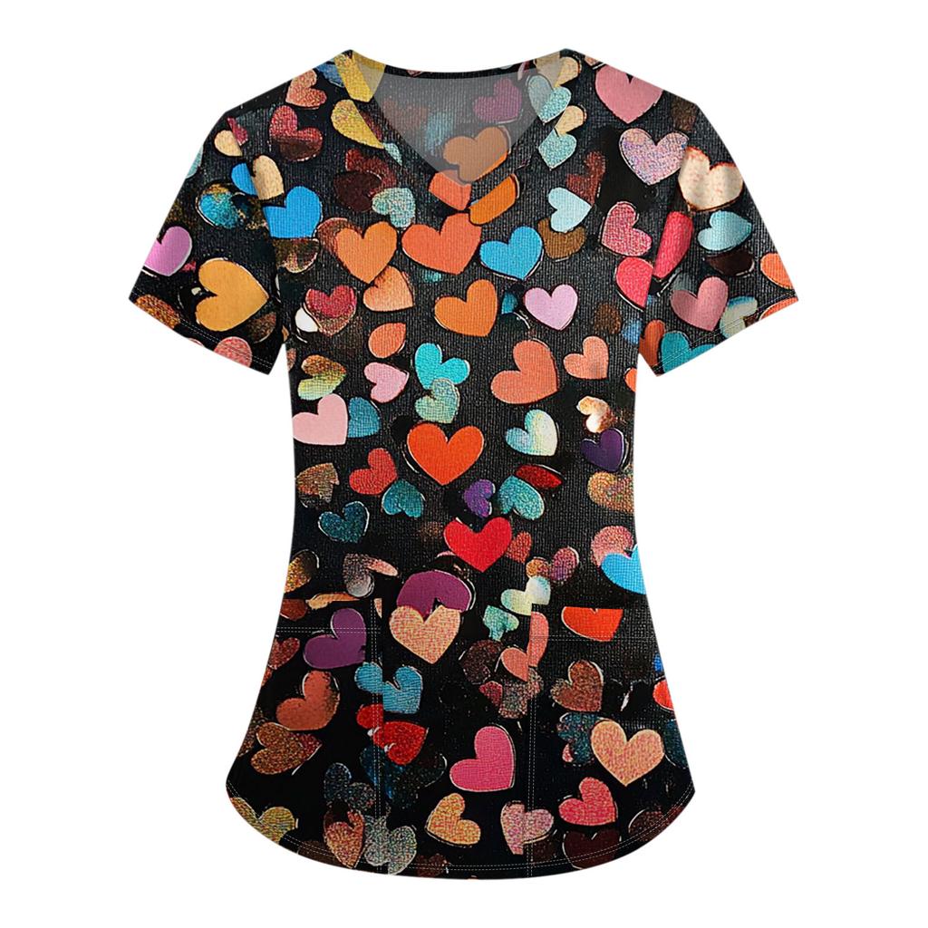 Women's Fashion V-Neck Short Sleeve Overalls With Pocket Valentine's Day Printed Tops  Clothes