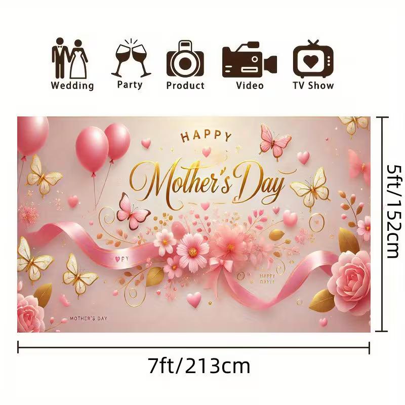 2D Mother's Day Polyester Backdrop, Pink Floral & Butterfly "Happy Mother's Day" Background for Party Decor