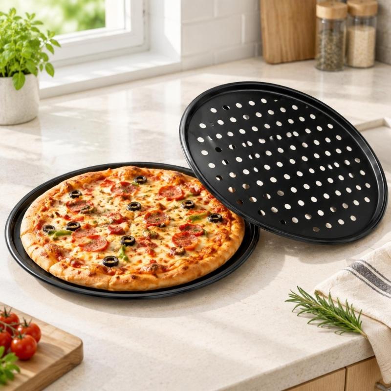 Carbon Steel Pizza Baking Pan Set of 2, Round Perforated Trays with Nonstick Finish for Pizza, Savory Pastry, Fruit Pastry and Oven Vegetables
