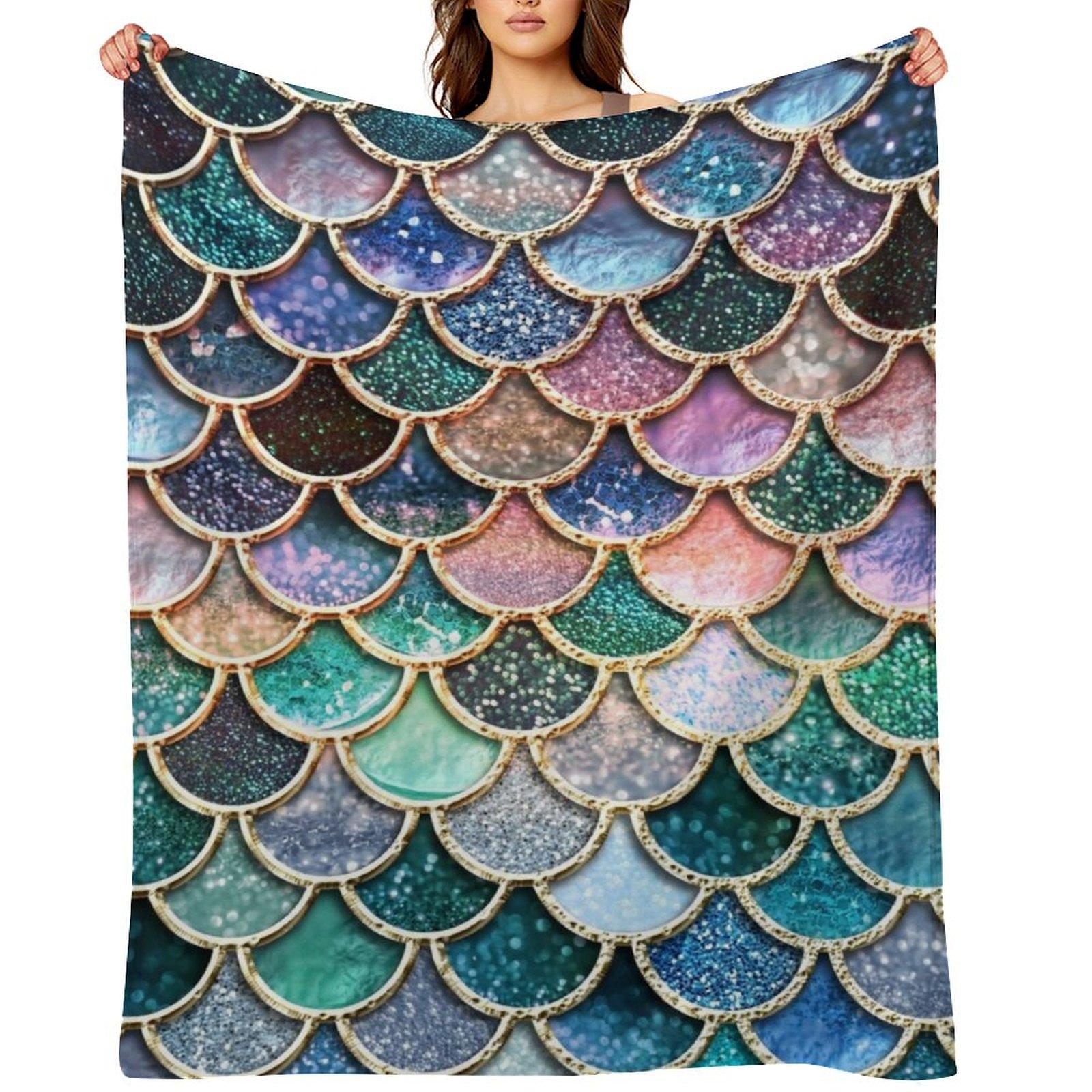 

Teal, Silver and Pink Sparkle Faux Glitter Mermaid Scales Throw Blanket Summer Beddings Soft Big Beach Soft Blankets 30x40in