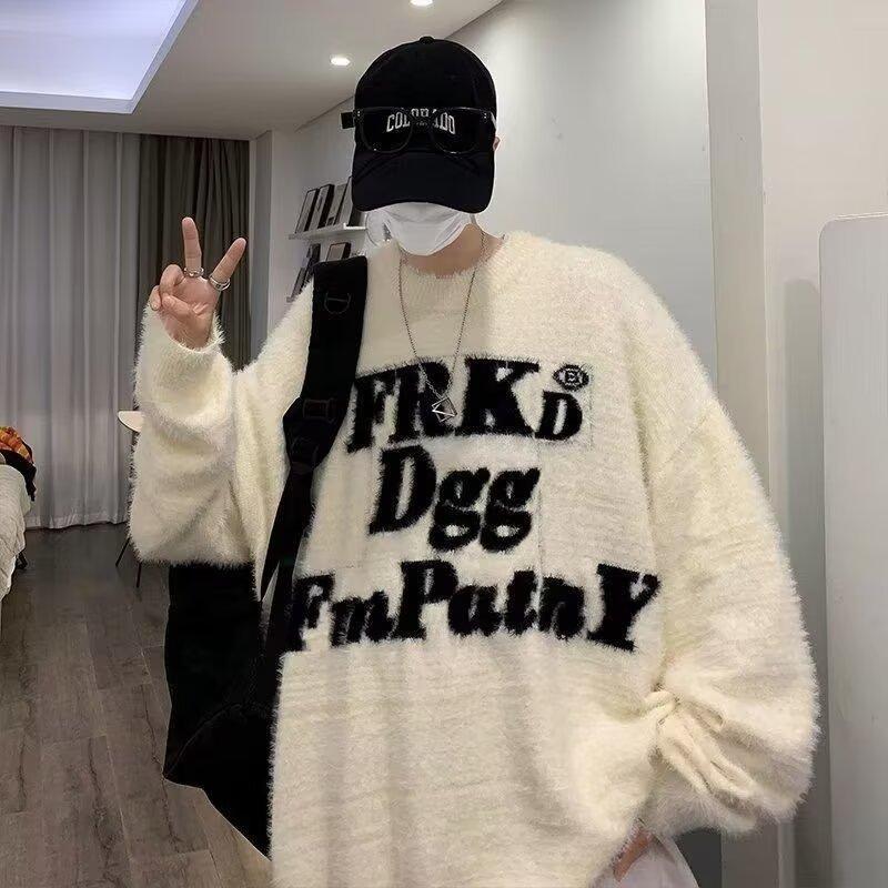 Guochao American Letter-printed Mink Fleece Sweater Men's Autumn and Winter Thickened High Street Couple Soft Waxy Knitted Sweater Top