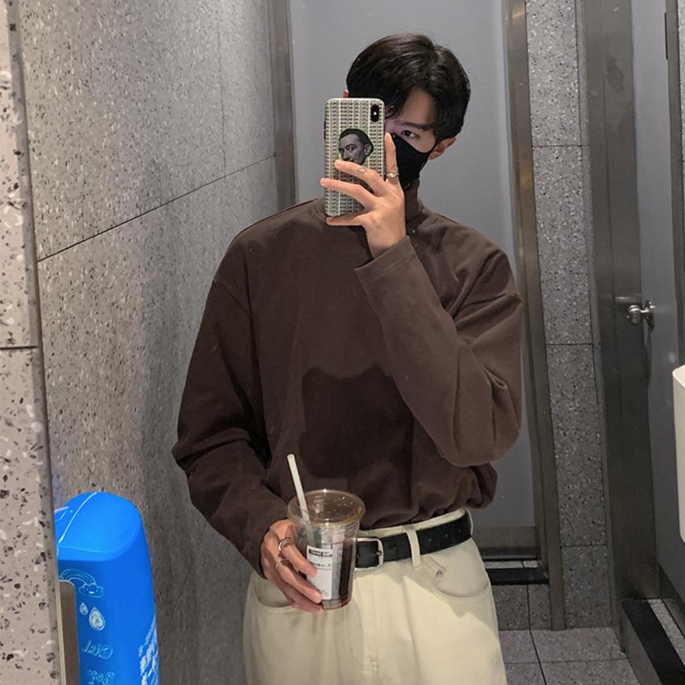 

Осенние мужские футболки с высоким воротом, однотонные, с длинным рукавом, Dralon, мужские повседневные топы, одежда, футболки, мужские нижние рубашки Asian 5XL темный кофе