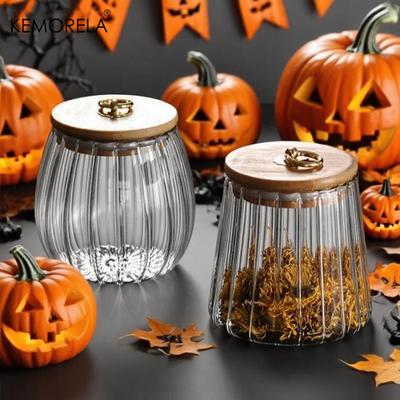 1 STKS Halloween Thema Glazen Snoep Bewaarpot met Houten Deksel Luchtdichte Container voor Granen Bonen Snacks Keuken Decoratie