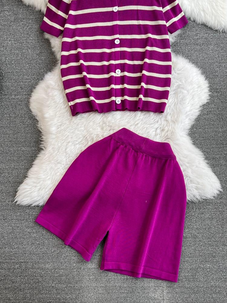 Summer Women Casual Knitted Sweater Pant Set Single Breasted Striped Tops and Shorts Chic Student Two Piece Suit