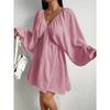 Elegant Fashion Deep V-neck Long Sleeved Women Dress Spring Summer Simple Casual Loose Sexy Solid Color A-line Party Dress Female Office Ladies