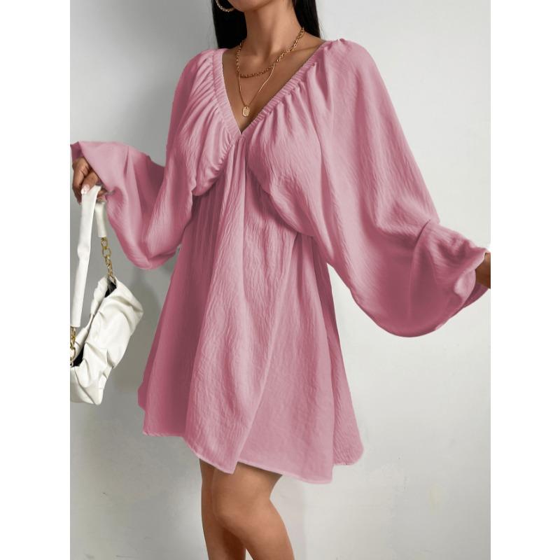Elegant Fashion Deep V-neck Long Sleeved Women Dress Spring Summer Simple Casual Loose Sexy Solid Color A-line Party Dress Female Office Ladies