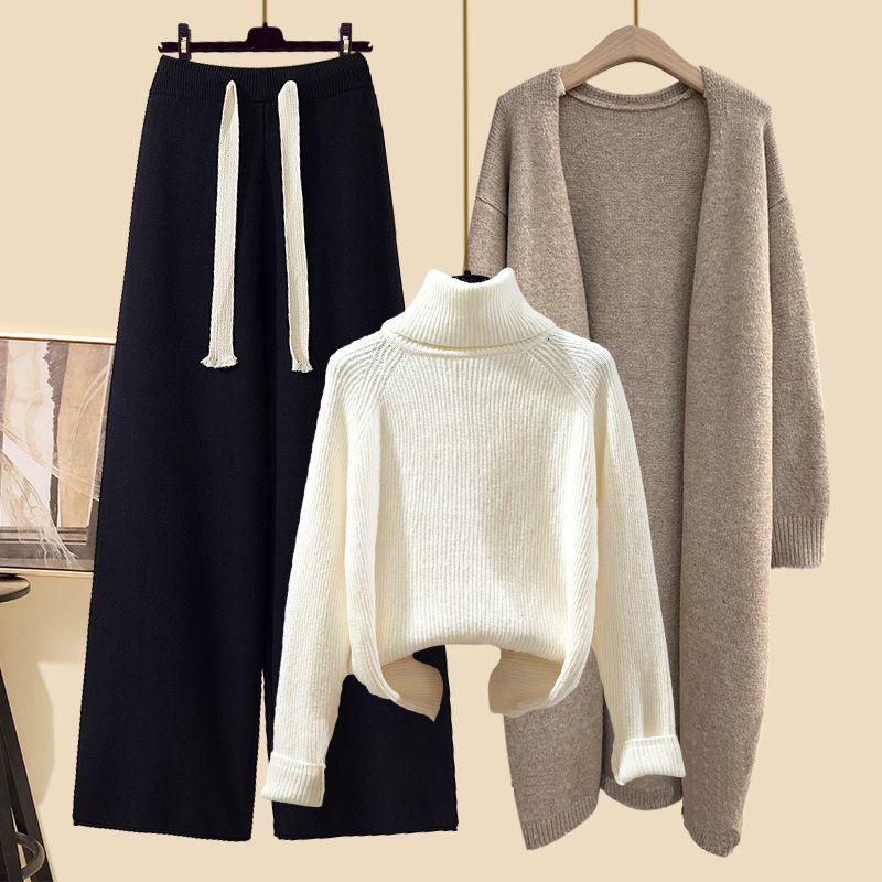 Autumn 2025 Knit Cardigan Set with High-Neck Sweater & Wide-Leg Pants