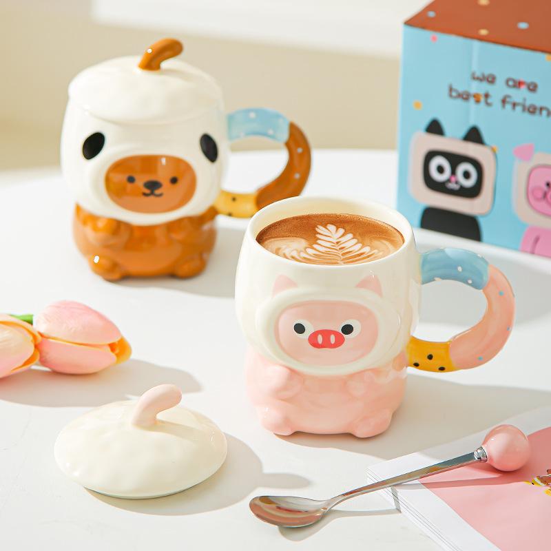Cute cute cartoon piggy ceramic mug with lid for girls' birthday girlfriends practical souvenir gift box
