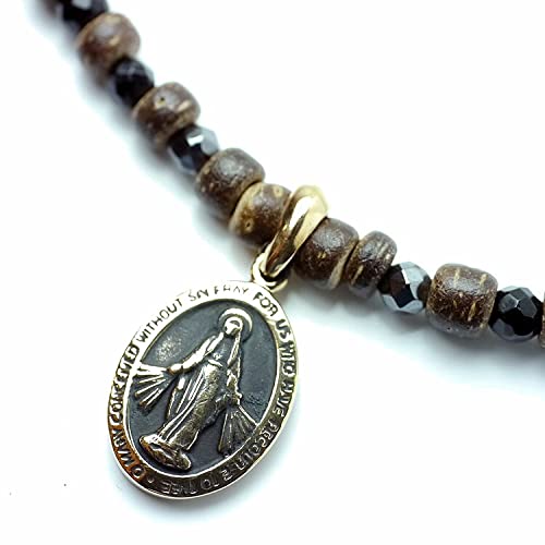 Silver One si Miraculous Medal Virgin Mary Necklace with Wood Beads, Black Spinel, and Hematite for Men (50cm + Adjustable Chain)