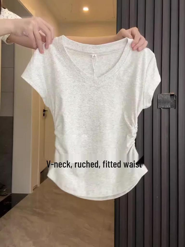 IZNK Women's Slim Fit V-Neck Pleated T-Shirt - Short-Sleeved, Summer 2025 Edition