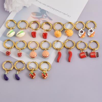 Funny Stereoscopic Food&Fruit Dangle Earring Colorful Alloy Enamel Chilli Strawberry Pendant Stainless Steel Hoops Girl Jewelry