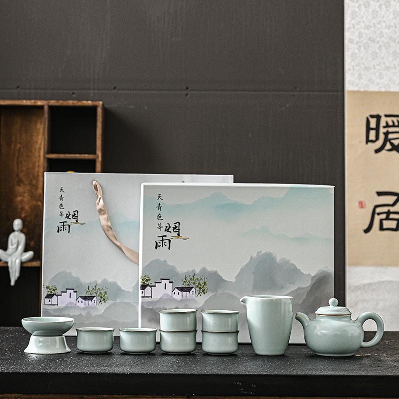 Ru Kiln Ice Crack Kung Fu Tea Set Household Living Room Ceramic Brewing Teapot Open Light Luxury Teacup High-end Gifts