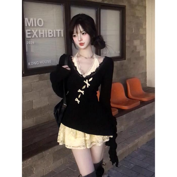 2025 Women's Pure Desire Lace Trim Two-Piece Skirt and Top Set for Spring/Autumn