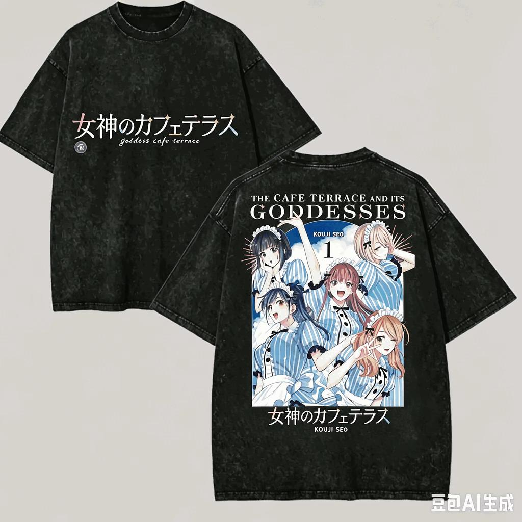 Vintage Washed Goddess Cafe Terrace Anime Graphic T Shirt Soft Cotton Short Sleeve Oversized Loose Unisex Manga Streetwear Tops