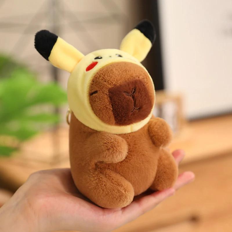 12cm Capybara Small Pendant Simulation Capibara Plushies Anime Toy With Pikachu Rabbit Cat Hat Doll Stuffed Animal Gifts
