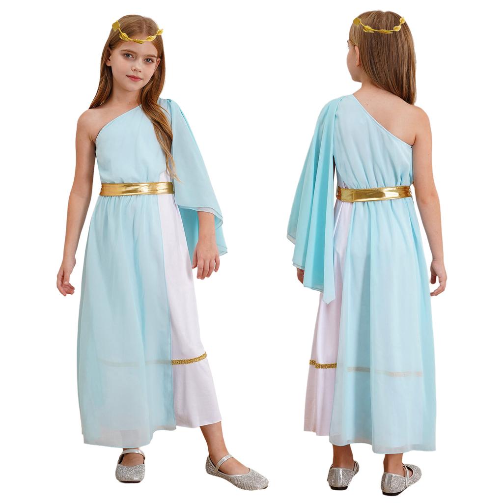 Dziecięca Suknia Toga Starożytnej Bogini Asymetryczny Design Liściowa Opaska Mitologia Kostium Cosplay