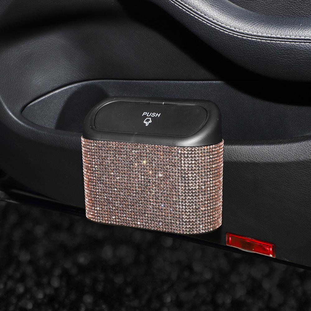 Diamond Crystal Car Trash Bin Hanging Vehicle Garbage Dust Case Storage Box Pressing Type Trash Can Auto Bling Accessories