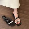French Thick Heel Rhinestone Slippers Fairy Shoes Wear 2025 Summer Pink with Skirt Bow Sandals