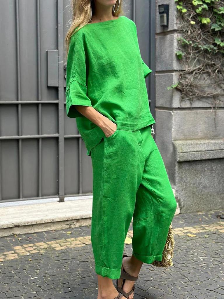 Sommer Neues Damen 2-teiliges Set Große Größe Baumwolle Leinen Hemd Set Hohe Taille Lockere Hose