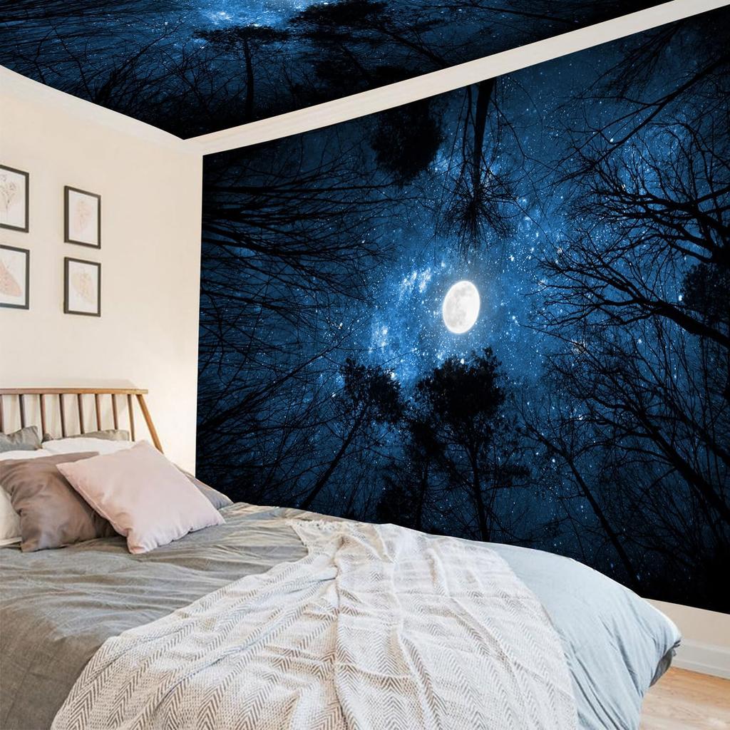Forest Galaxy Starry Tapestry, Starry Night Sky Moon Stars Ceiling Tapestry Blue Space with Trees Nature Tapestries Wall Hanging for Bedroom Dorm