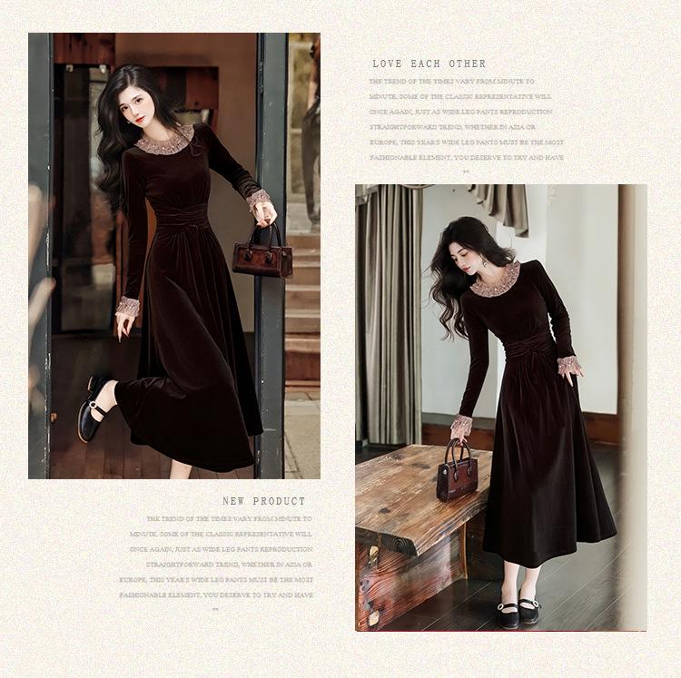 Elegant French Hepburn-Style Black Velvet Dress for Women - Autumn/Winter New Year Party Long Skirt