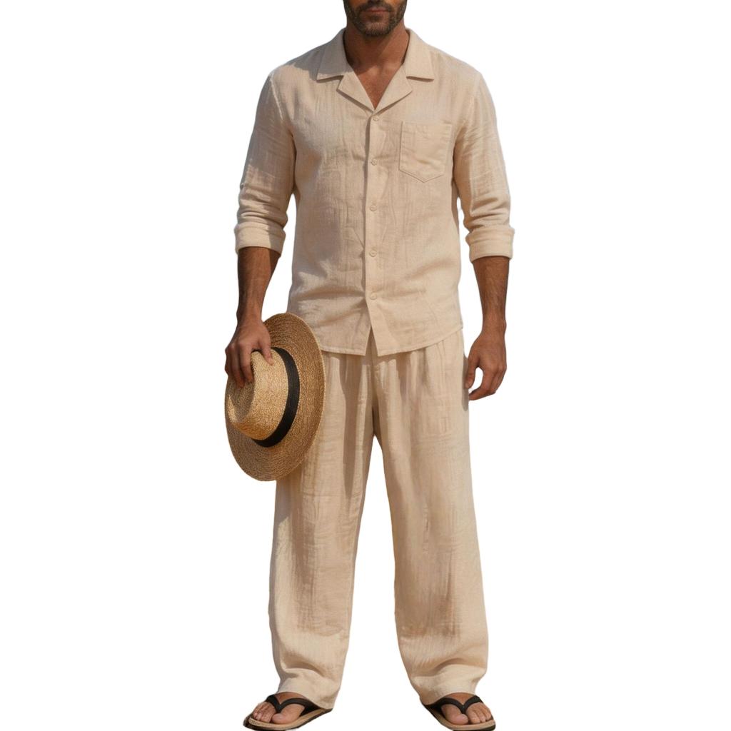 Men's Linen 2-Piece Set Long Sleeve Shirt and Pants Casual Loose Fit Breathable with Pockets