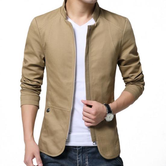 Casaco Blazer Casual Masculino Outono Cor Sólida Gola Alta Bolsos com Zíper Fino Slim