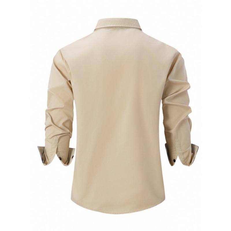 Spring Men's White Button Down Shirt with Black Placket and Cuffs Formal Blouse