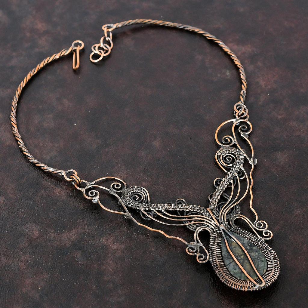 Collier Jaspe Picasso Collier Enveloppé de Fil de Cuivre Collier Réglable Bijoux en Fil de Cuivre Collier de Pierre Précieuse Cadeau de Mariage Bijoux Faits Main