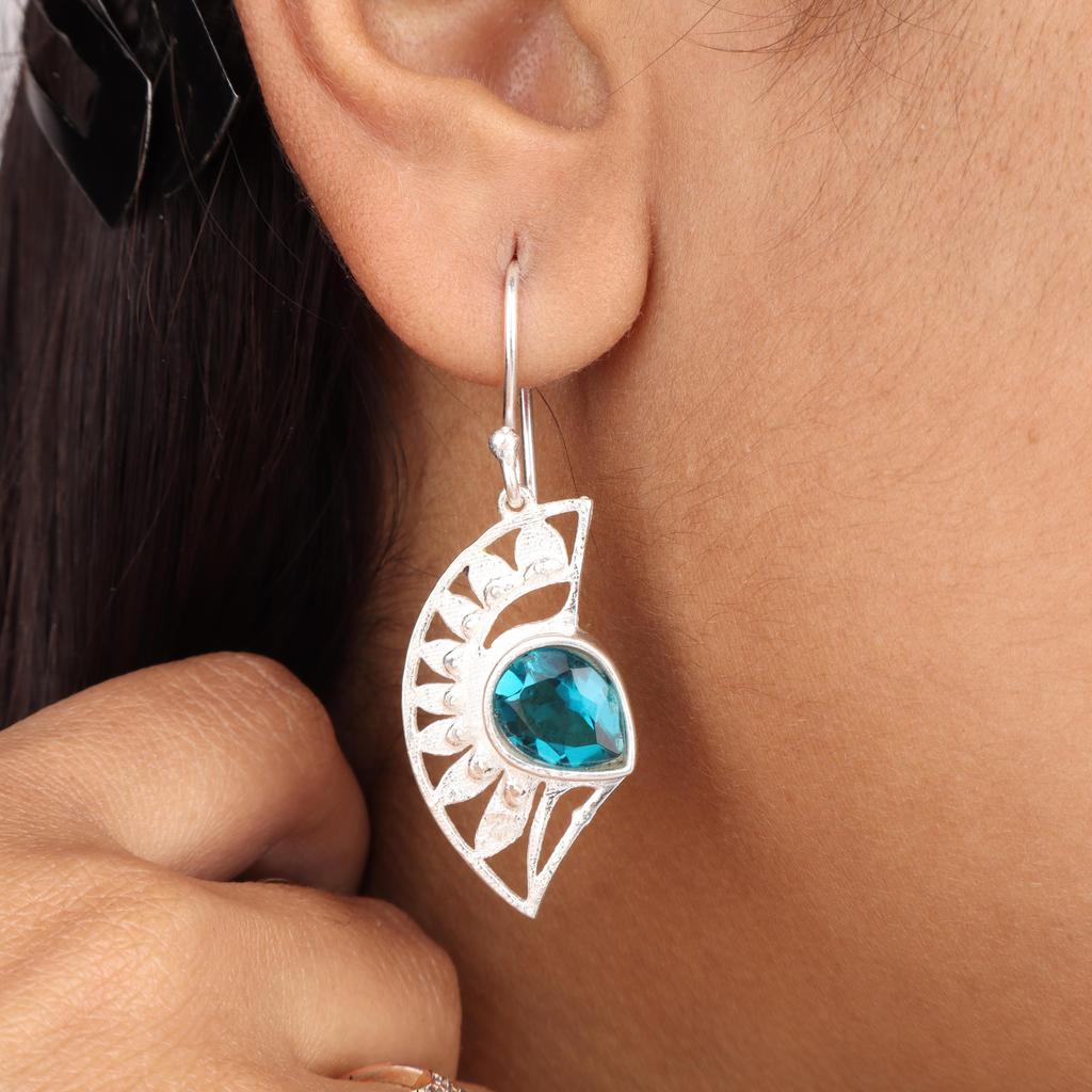 Blue Apatite Gemstone 925 Sterling Silver Women Jewelry Elegant Earring 1.5" For Anniversary Gift CE-26-10