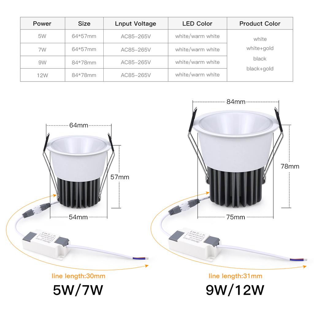 7W 12W COB LED Downlight Aluminium Spotleuchte Einbau Deckenlampe 110V-220V Für Zuhause Wohnzimmer Küche Vitrinenbeleuchtung
